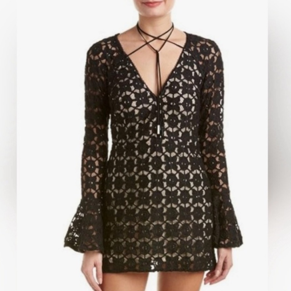 Free People Back to Black Crochet Lace Bell Sleeve Mini Dress Black Size 2